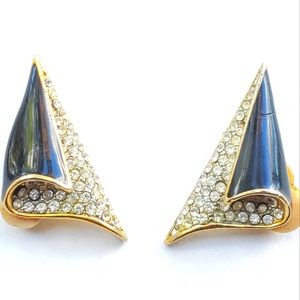 Vintage Black Enamel & Clear Rhinestone Clip Earrings Unsigned